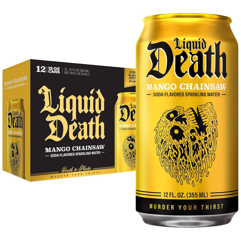 Liquid Death Soda-Flavored Sparkling Water - Mango Chainsaw (Mango Orange), Less Sugar*, Huge Flavor, No Caffeine, No Artificial Sweeteners, 12 Fl Oz (Pack of 12)