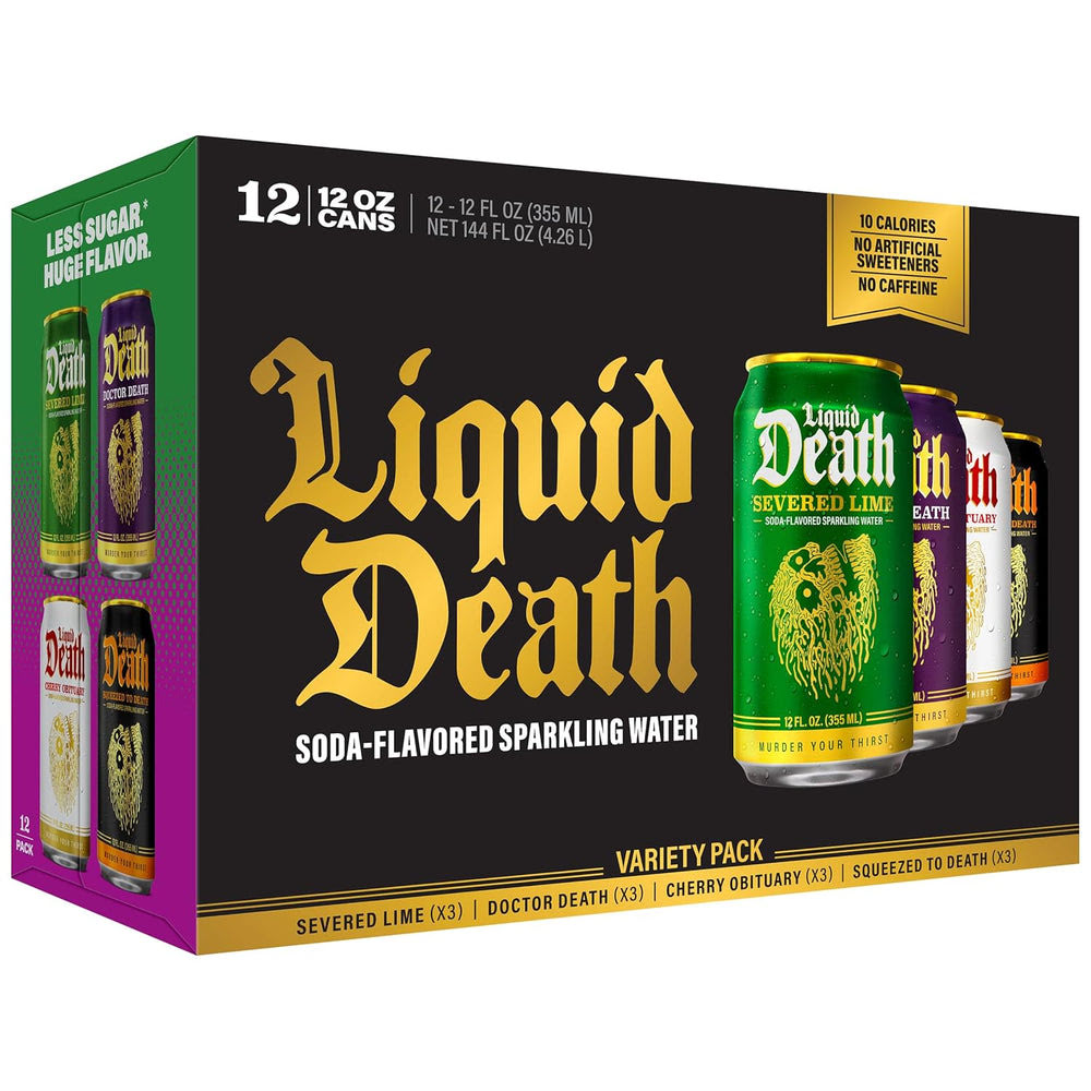 Liquid Death Soda-Flavored Sparkling Water - Fan Favorites Variety, Less Sugar*, Huge Flavor, No Caffeine, No Artificial Sweeteners, 4 Flavors: Lime, Doctor Death, Cherry, and Orange, 12 Fl Oz (Pack of 12)
