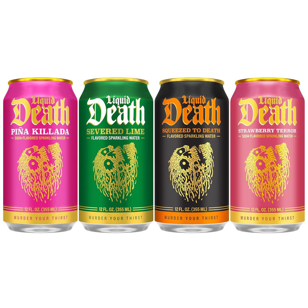 Alternative view of Liquid Death Soda-Flavored Sparkling Water - Modern Variety, Less Sugar*, Huge Flavor, No Caffeine, No Artificial Sweeteners, 4 Flavors: Lime, Orange, Strawberry, Piña Killada 12 Fl Oz (Pack of 12)