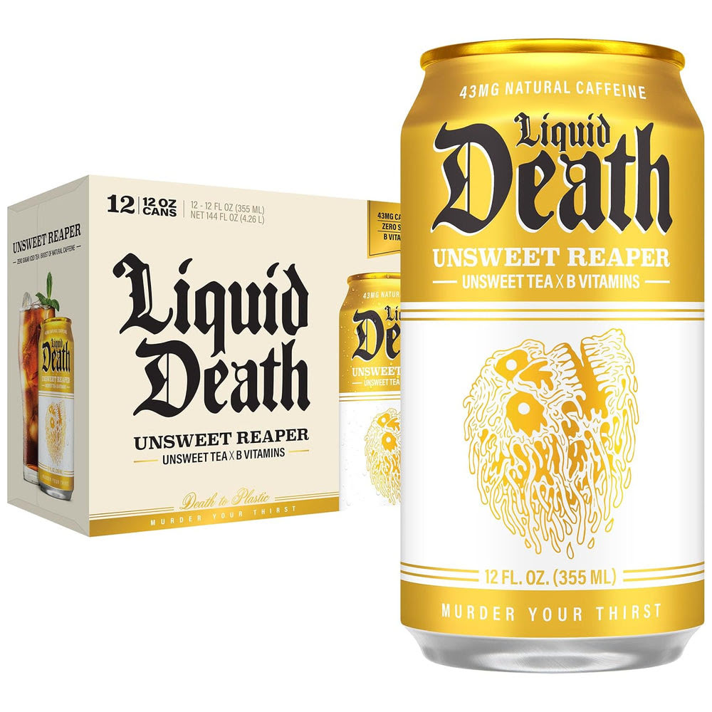 Liquid Death Iced Tea - Unsweet Reaper, Less Sugar*, Boost of Caffeine, B Vitamins, No Artificial Sweeteners, 12 Fl Oz (Pack of 12)
