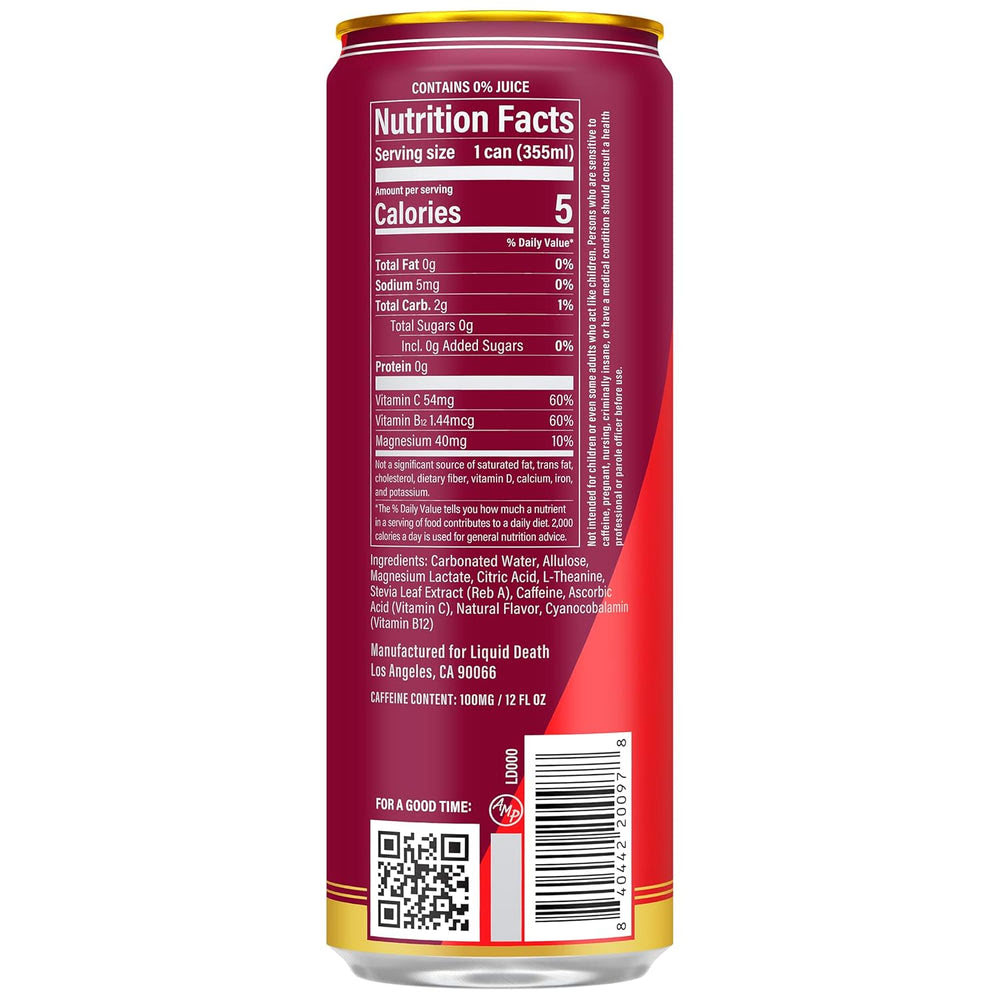 Alternative view of Liquid Death Sparkling Energy - Murder Mystery (Cherry, Cream, Spice), Zero Sugar Energy Drink, Unextreme Caffeine 100mg, Essential Vitamins, 12 Fl Oz (Pack of 12)