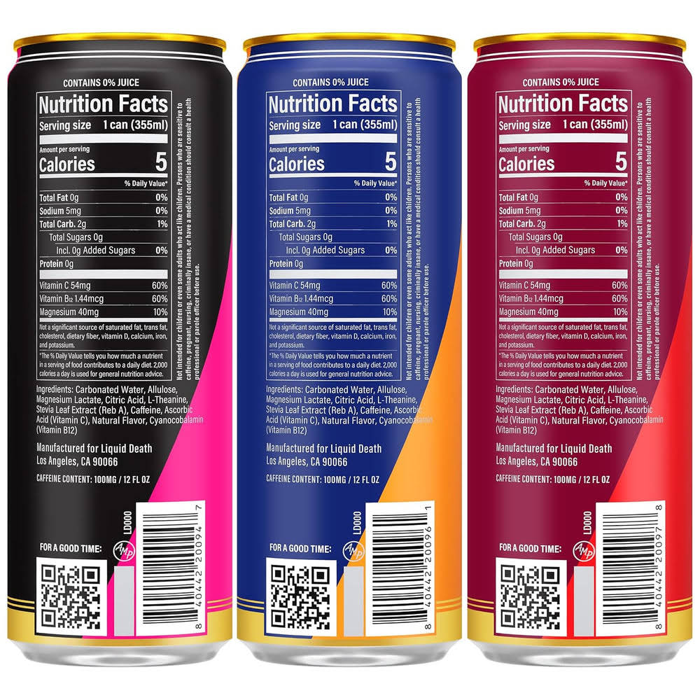 Alternative view of Liquid Death Sparkling Energy Variety Pack, Zero Sugar Energy Drink, Unextreme Caffeine 100mg, Essential Vitamins, 3 Flavors: Strawberry, Orange, and Murder Mystery, 12 Fl Oz (Pack of 12)