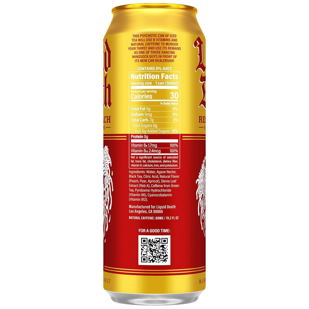 Alternative view of Liquid Death Iced Tea - Rest In Peach (Peach-Flavored Black Tea), Less Sugar*, Boost of Caffeine, B Vitamins, No Artificial Sweeteners, King Size 19.2 Fl Oz (Pack of 12)