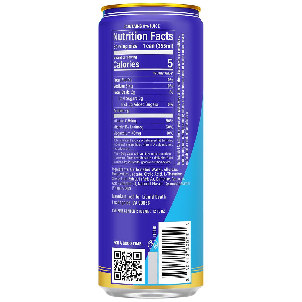 Alternative view of Liquid Death Sparkling Energy - Tropical Terror (Classic Piña Colada), Zero Sugar Energy Drink, Unextreme Caffeine 100mg, Essential Vitamins, 12 Fl Oz (Pack of 12)