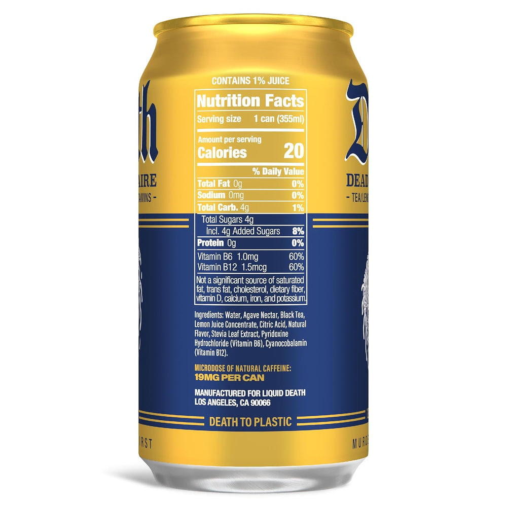 Alternative view of Liquid Death Iced Tea - Dead Billionaire (Black Tea/Lemonade), Less Sugar*, Boost of Caffeine, B Vitamins, No Artificial Sweeteners, 12 Fl Oz (Pack of 12)
