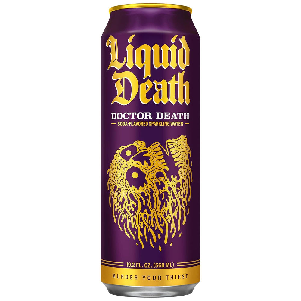 Alternative view of Liquid Death Soda-Flavored Sparkling Water - Doctor Death (Cherry, Cream, Spice), Less Sugar*, Huge Flavor, No Caffeine, No Artificial Sweeteners, King Size 19.2 Fl Oz (Pack of 12)