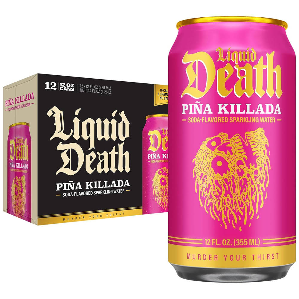 Liquid Death Soda-Flavored Sparkling Water - Piña Killada (Classic Piña Colada), Less Sugar*, Huge Flavor, No Caffeine, No Artificial Sweeteners, 12 Fl Oz (Pack of 12)