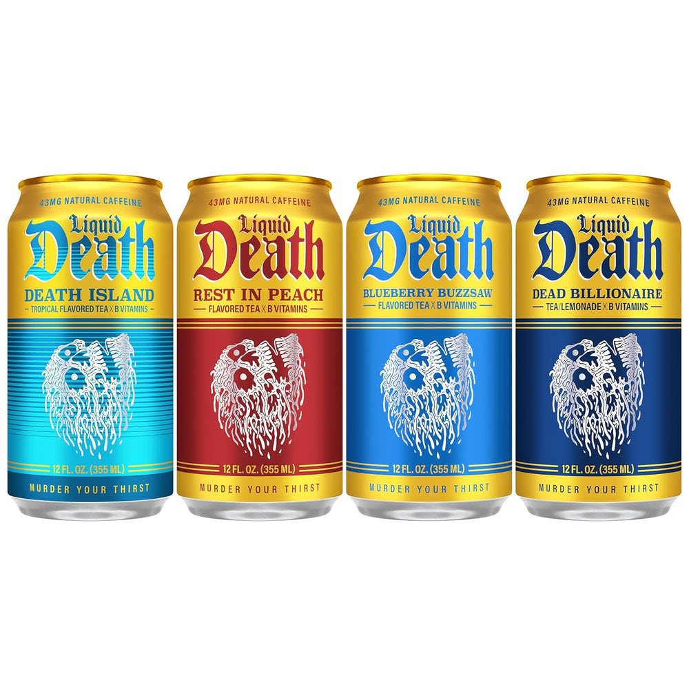 Alternative view of Liquid Death Iced Tea - Modern Variety, Less Sugar*, Boost of Caffeine, B Vitamins, No Artificial Sweeteners, 4 Flavors: Tea/Lemonade, Rest in Peach, Death Island, Blueberry Buzzsaw, 12 Fl Oz (Pack of 12)