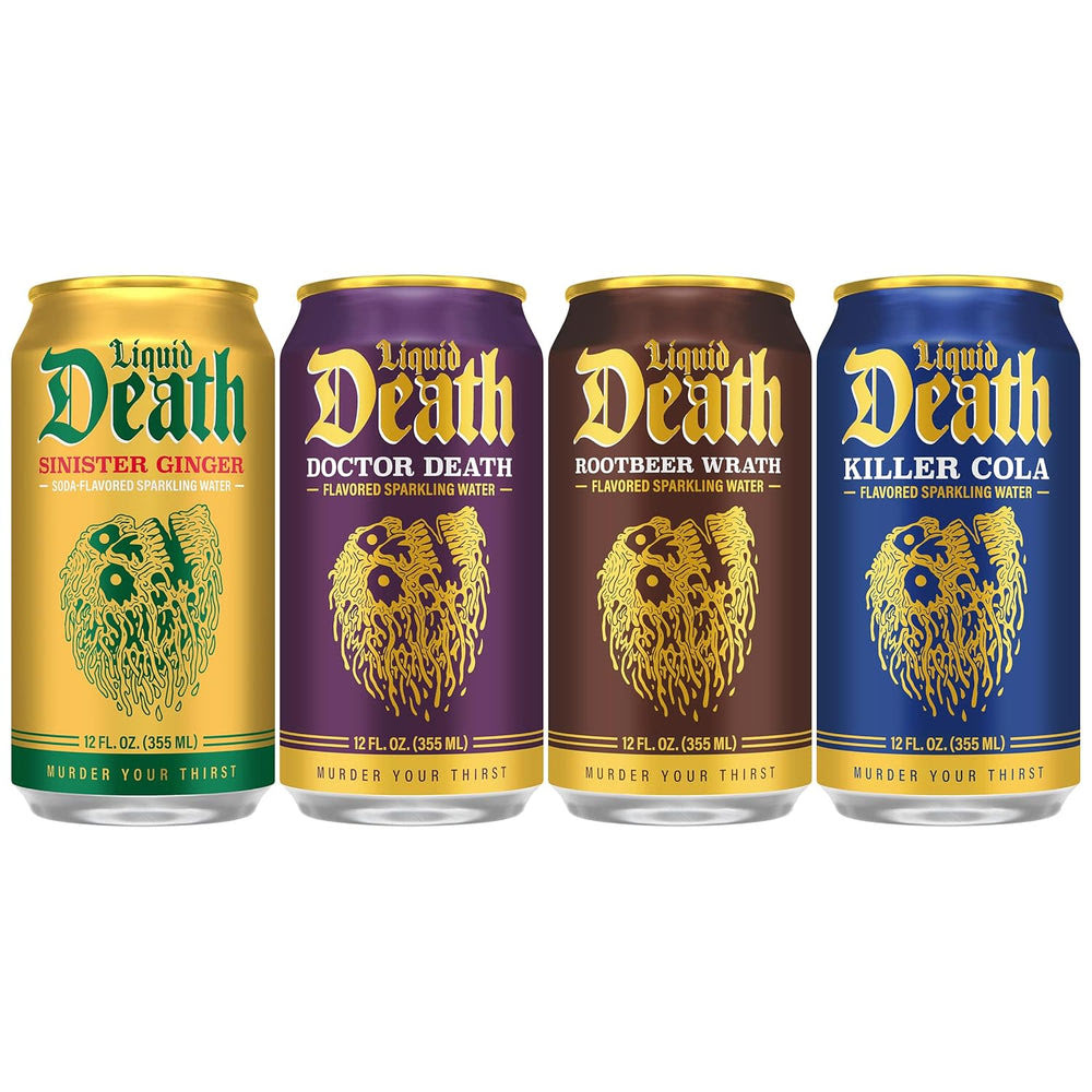Alternative view of Liquid Death Soda-Flavored Sparkling Water - Classic Variety 2, Less Sugar*, Huge Flavor, No Artificial Sweeteners, 4 Flavors: Sinister Ginger, Doctor Death, Cola, Root Beer, 12 Fl Oz (Pack of 12)