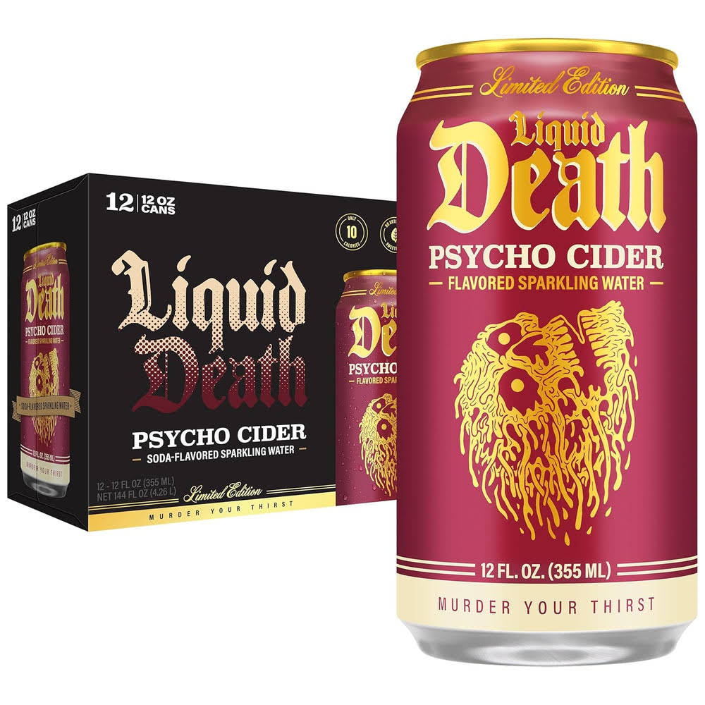Liquid Death Soda-Flavored Sparkling Water - Psycho Cider (Apple Cinnamon), Less Sugar*, Huge Flavor, No Caffeine, No Artificial Sweeteners, 12 Fl Oz (Pack of 12)