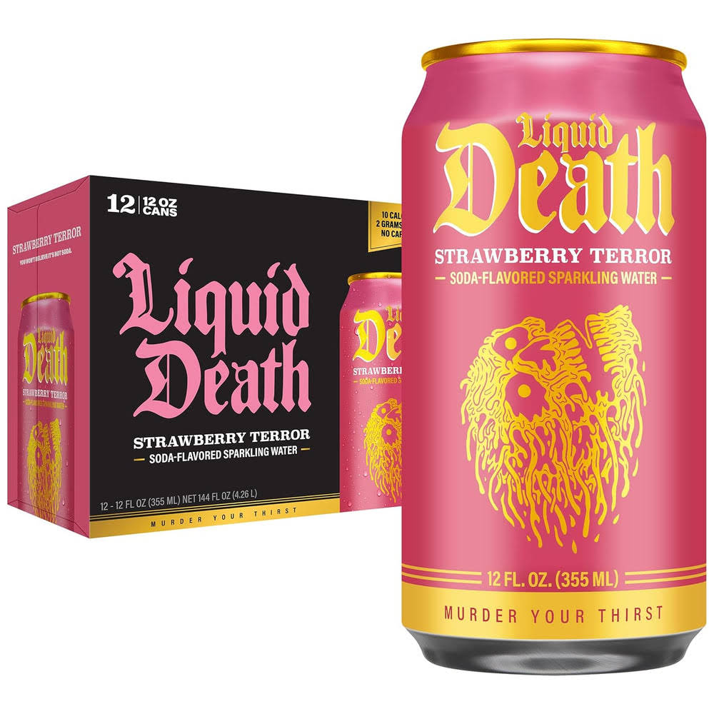 Liquid Death Soda-Flavored Sparkling Water - Strawberry Terror, Less Sugar*, Huge Flavor, No Caffeine, No Artificial Sweeteners, 12 Fl Oz (Pack of 12)