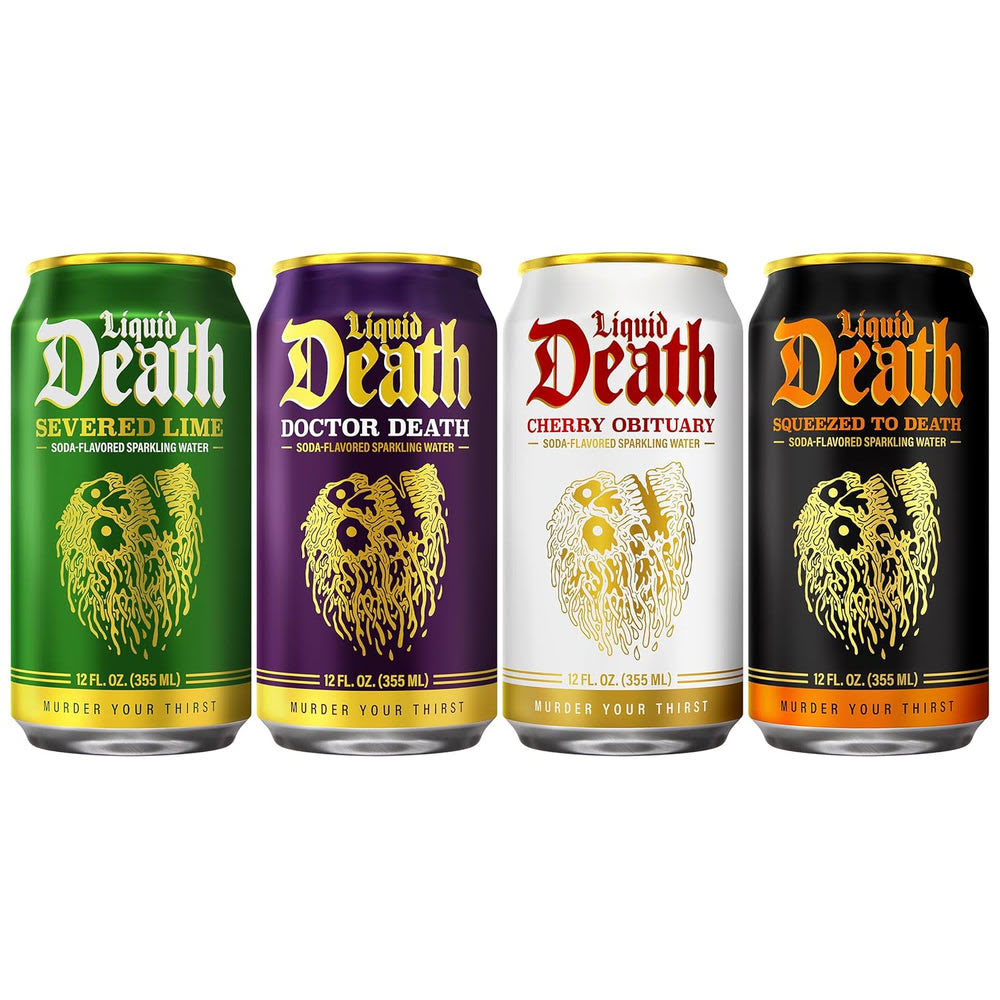 Alternative view of Liquid Death Soda-Flavored Sparkling Water - Fan Favorites Variety, Less Sugar*, Huge Flavor, No Caffeine, No Artificial Sweeteners, 4 Flavors: Lime, Doctor Death, Cherry, and Orange, 12 Fl Oz (Pack of 12)